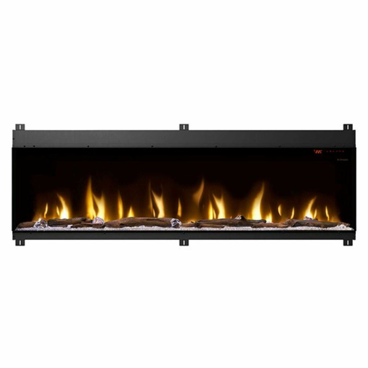 A built-in linear electric fireplace with realistic flames and a black multimedia bed adorned with acrylic crystals and driftwood.