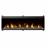 A built-in linear electric fireplace with realistic flames and a black multimedia bed adorned with acrylic crystals and driftwood.