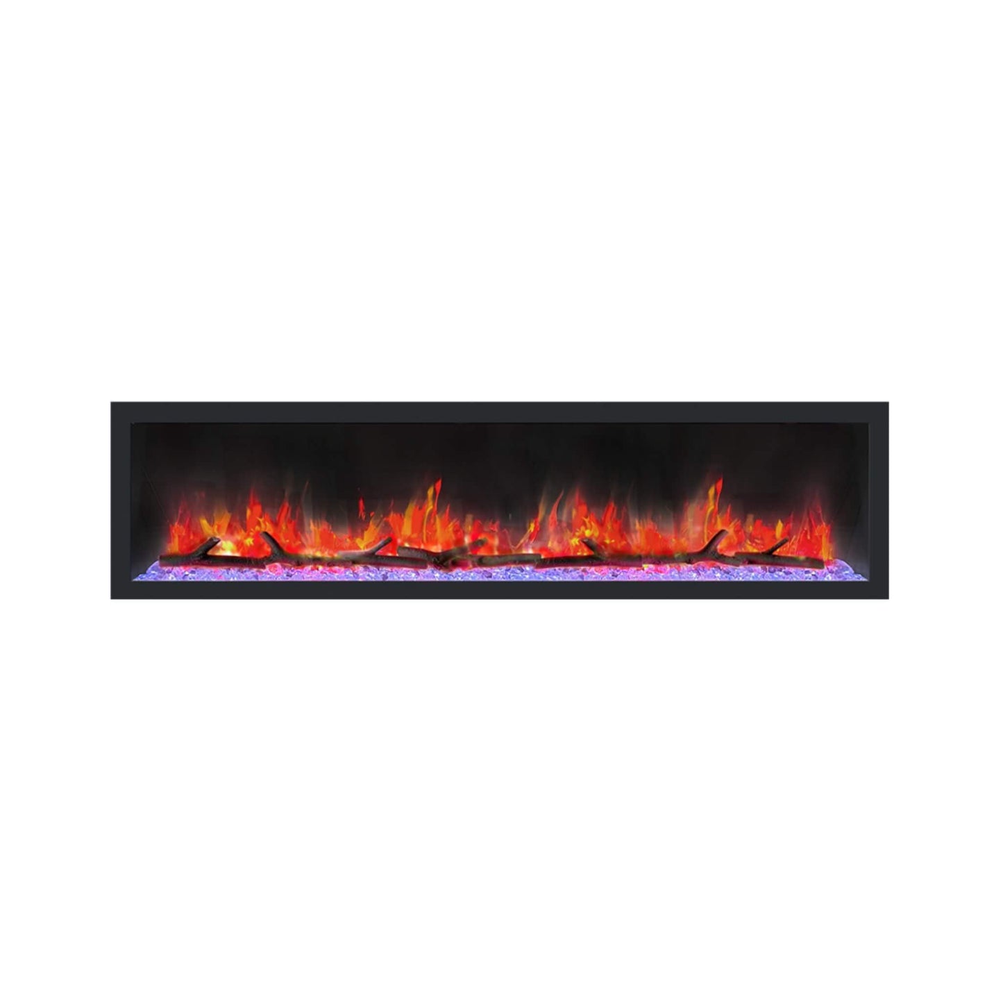 A black smart linear electric fireplace with visible flames behind a transparent surface.
