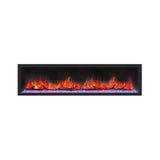 A black smart linear electric fireplace with visible flames behind a transparent surface.