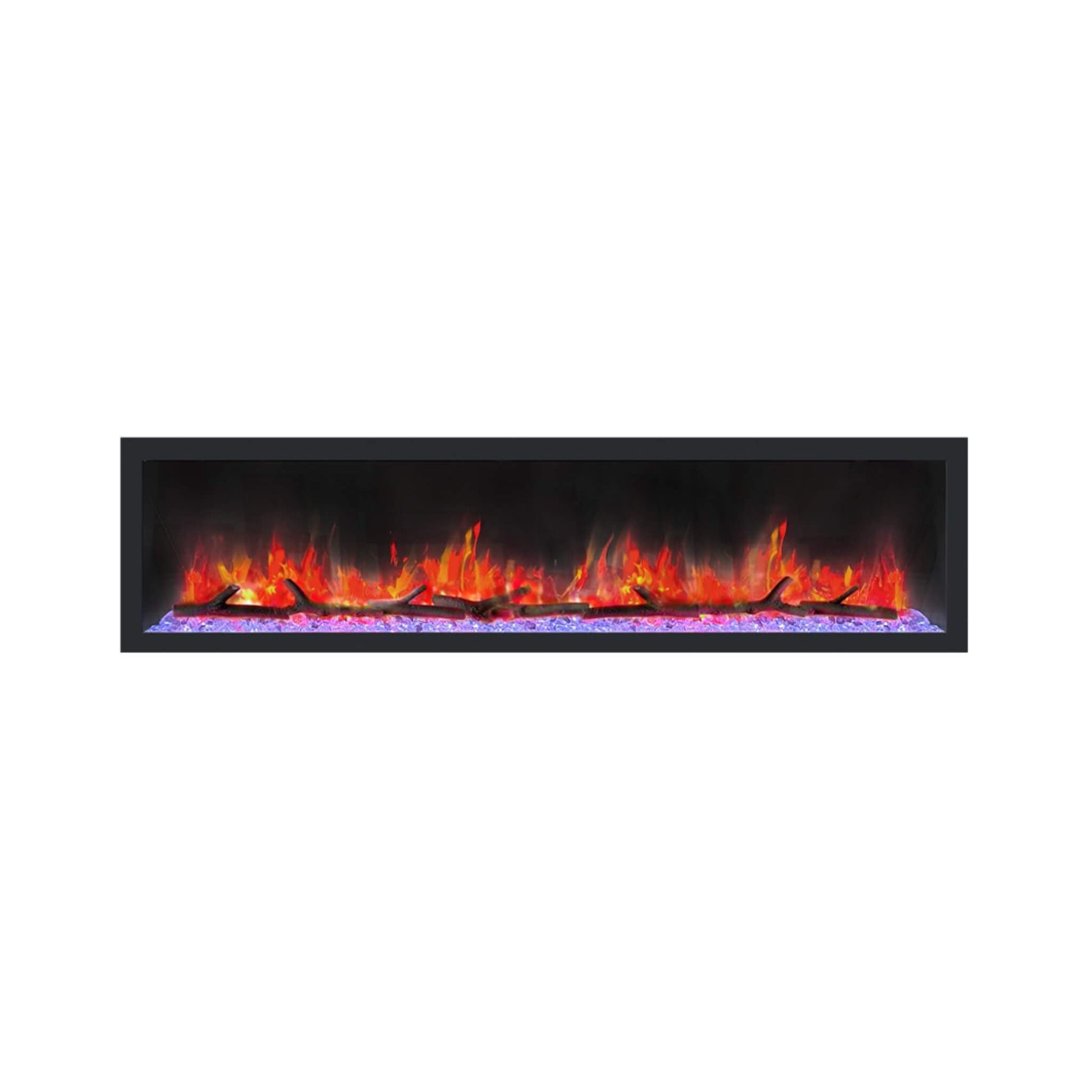 A black smart linear electric fireplace with visible flames behind a transparent surface.