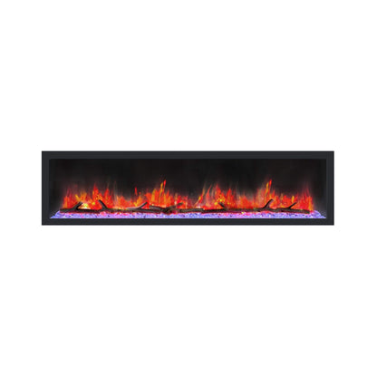 A black smart linear electric fireplace with visible flames behind a transparent surface.