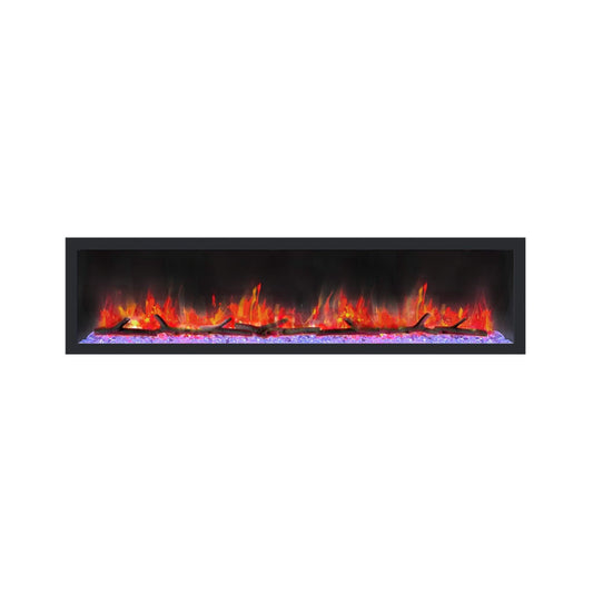 A black smart linear electric fireplace with visible flames behind a transparent surface.