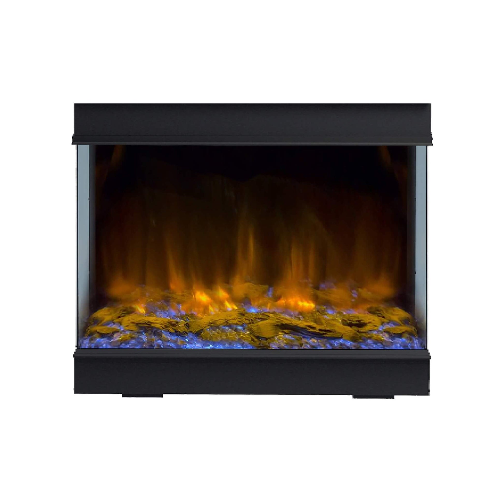 A black multi-sided smart electric fireplace with a glass viewing area and visible blue flame bed.