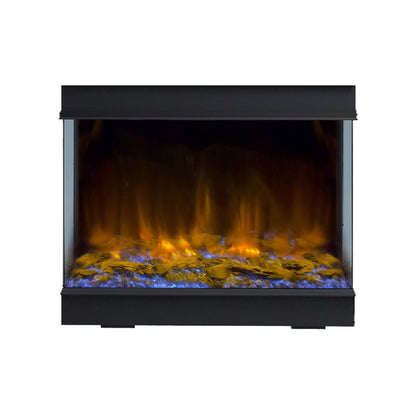 A black multi-sided smart electric fireplace with a glass viewing area and visible blue flame bed.