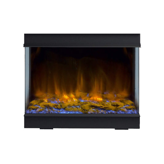 A black multi-sided smart electric fireplace with a glass viewing area and visible blue flame bed.