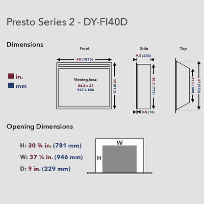 Dynasty Presto 40" Built-In Electric Firebox Insert With Adjustable Flame Settings [DY-FI40D]