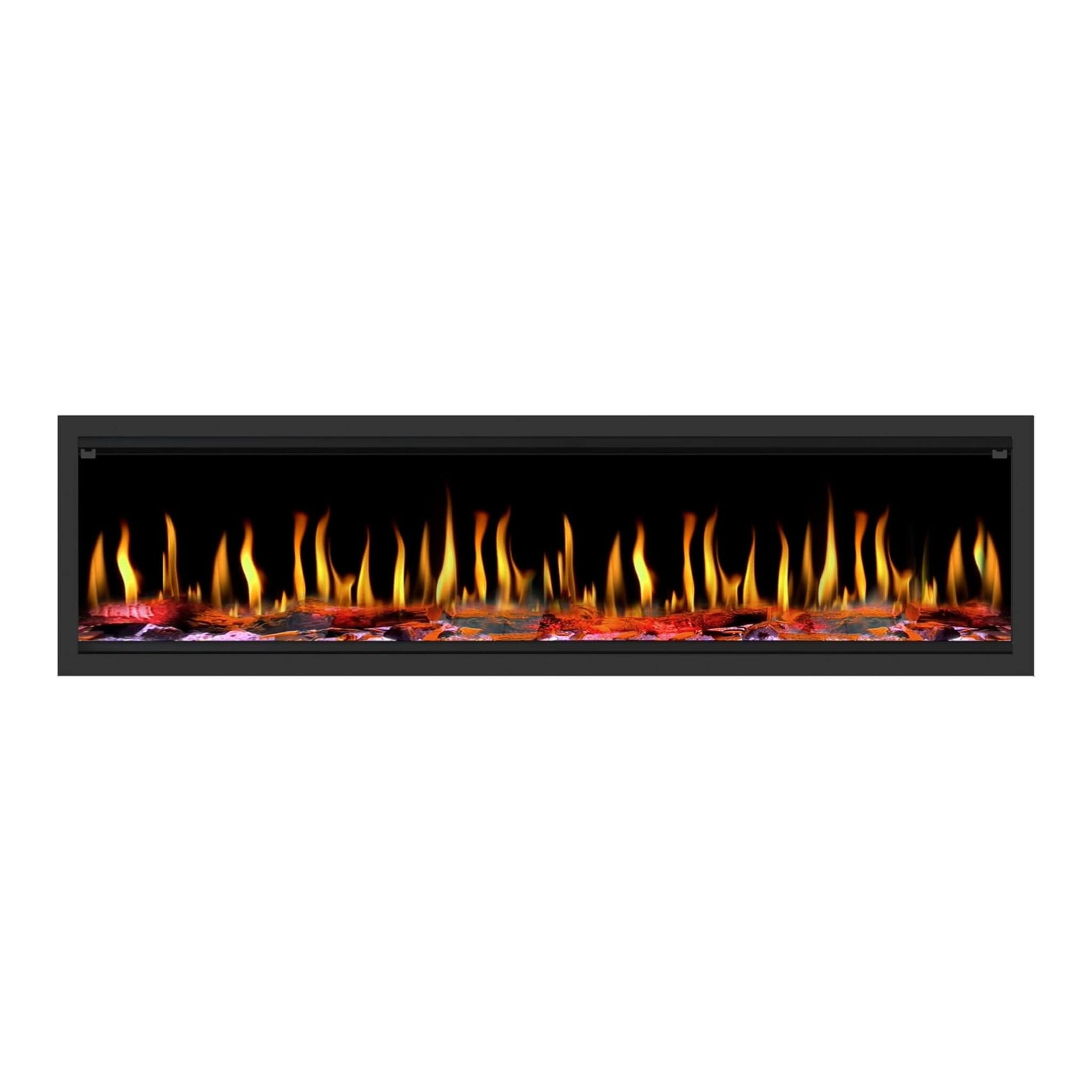 A Dynasty Tempo 76" Virtual Linear Electric Fireplace featuring realistic flames with customizable colors and brightness.