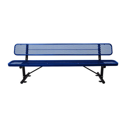 Blue metal bench with mesh back on a white background