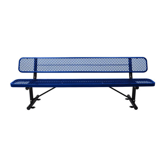 Blue metal bench with mesh back on a white background