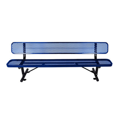 Blue metal bench with mesh design on a white background