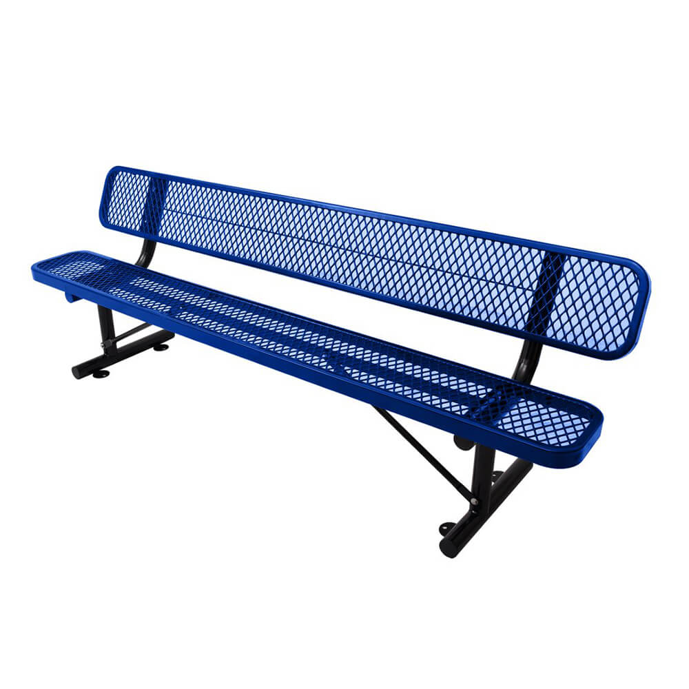 Blue metal bench with mesh back on a white background