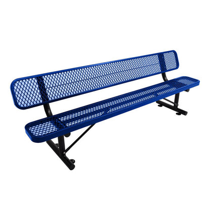 Blue metal bench with mesh back on a white background