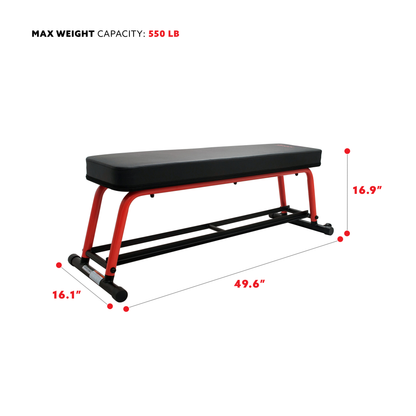 Sunny Health & Fitness Power Zone Strength Flat Bench with 550 LB Max Weight, Dumbbell Rack and Transport Wheels