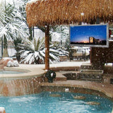 Outdoor patio with pool, thatched roof, and TV displaying a scenic view.