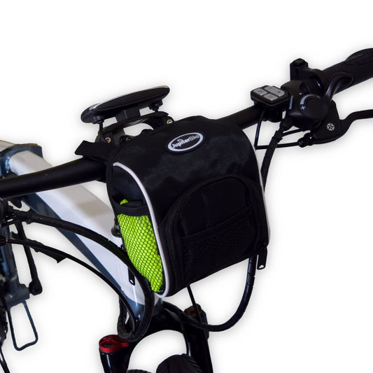 Black bicycle bag with green mesh pocket attached to a bike frame on a white background