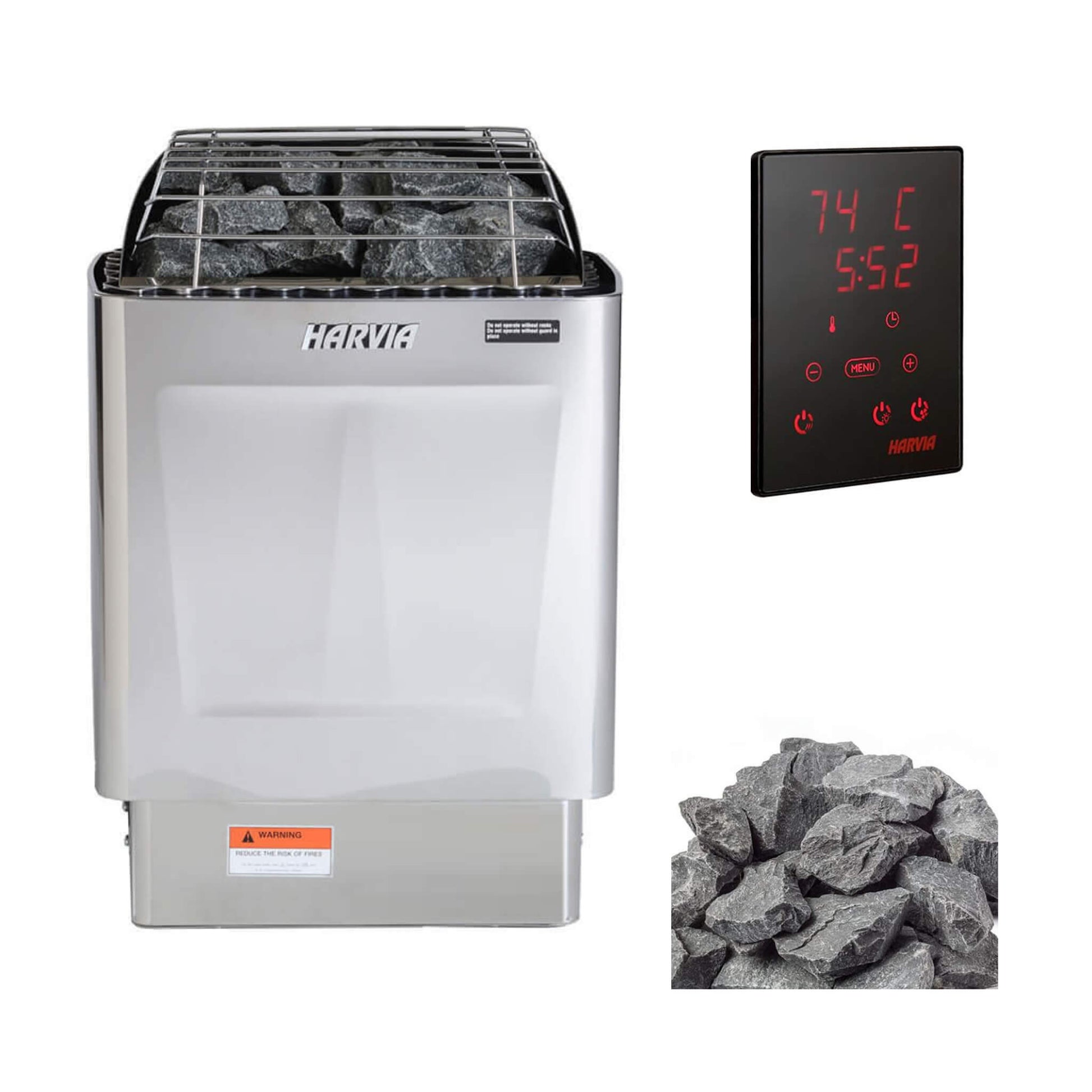 Harvia sauna stove with digital controller and stones on a white background