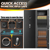 Biometric rifle safe with open door showing rifles and security features.