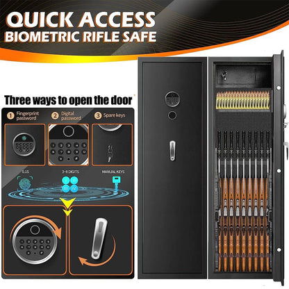 Biometric rifle safe with open door showing rifles and security features.