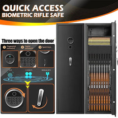 Biometric rifle safe with open door showing rifles and security features.