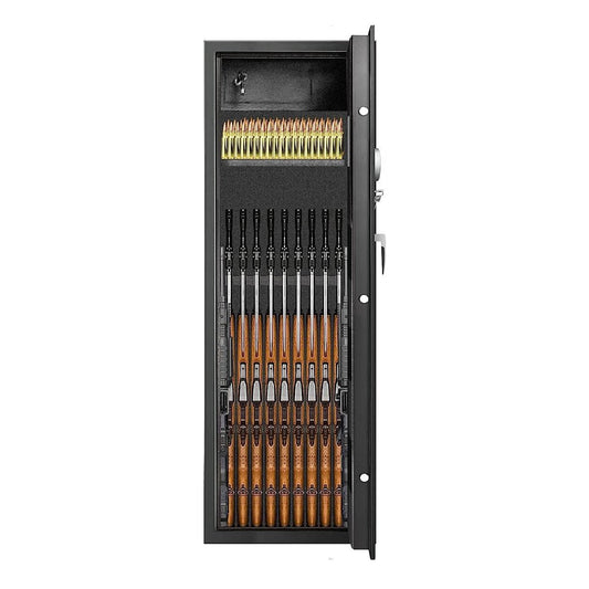 Black gun safe with open door displaying rifles and ammunition on a white background