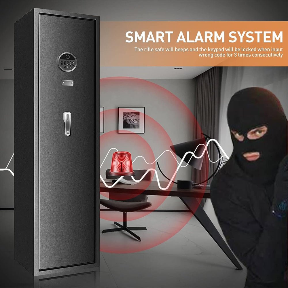Black rifle safe with smart alarm system feature, showing a burglar and warning text.
