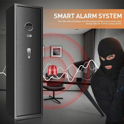 Black rifle safe with smart alarm system feature, showing a burglar and warning text.