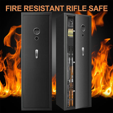 Fire resistant rifle safe with flames in the background