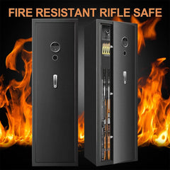 Fire resistant rifle safe with flames in the background