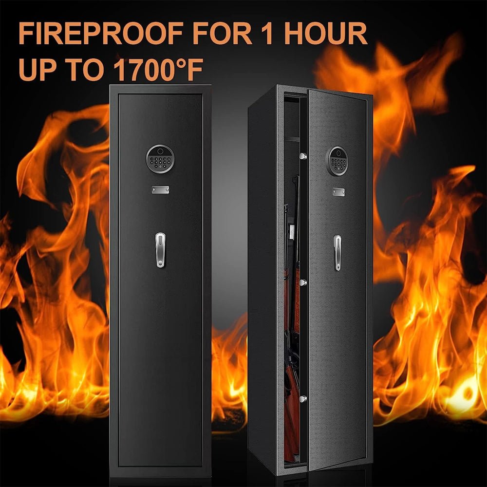 Fireproof safe with flames in the background, highlighting fire resistance.