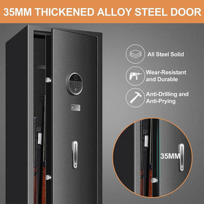 Black alloy steel door with digital lock and features listed on a gray background