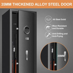 Black alloy steel door with digital lock and features listed on a gray background