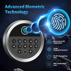 Electronic lock with fingerprint scanner and keypad on a dark space-themed background