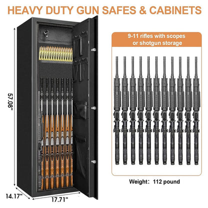 Heavy-duty gun safe with rifle storage and dimensions displayed.