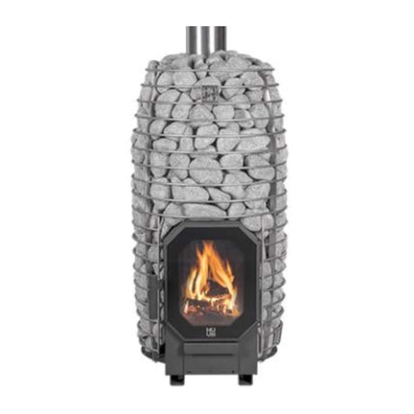 A gray wood-burning sauna stove with sauna stones and a visible fire through the front opening.