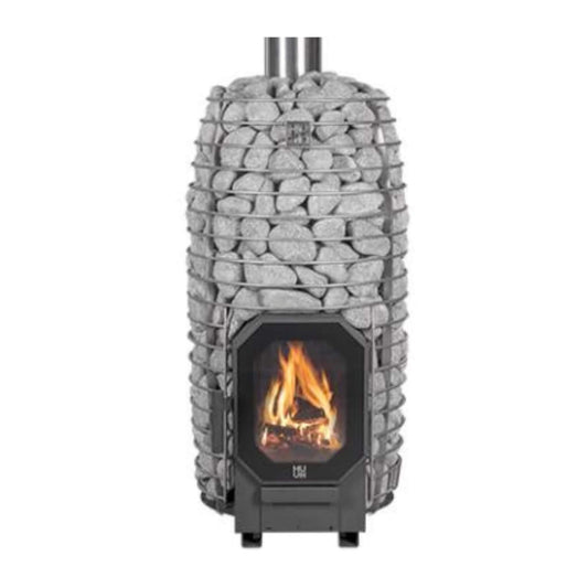 A gray wood-burning sauna stove with sauna stones and a visible fire through the front opening.