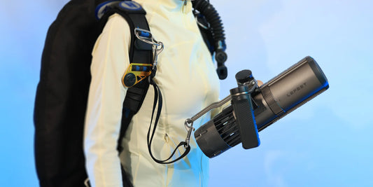  LEFEET P1/P1 XR Scooter Harness attached to diving gear, showcasing hands-free underwater propulsion.