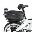 White electric bike with a black JupiterBike rear storage bag on a white background