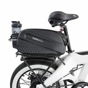 White electric bike with a black JupiterBike rear storage bag on a white background