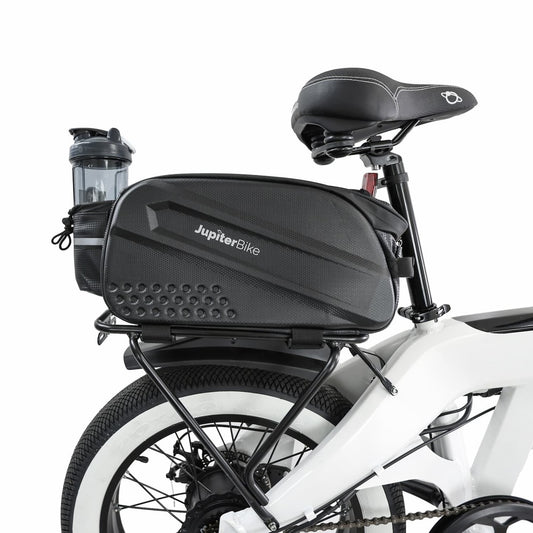 White electric bike with a black JupiterBike rear storage bag on a white background