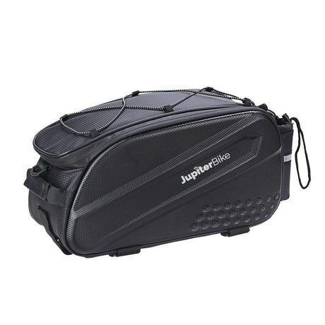 Black motorcycle luggage bag with 'JupiterBike' branding on a white background