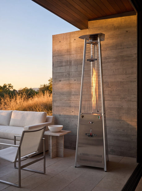 Lava Heat Italia 2G Flame Tower patio heater in an outdoor setting