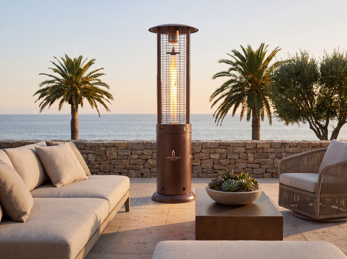 Lava Heat Italia Opus series patio heater in an outdoor setting