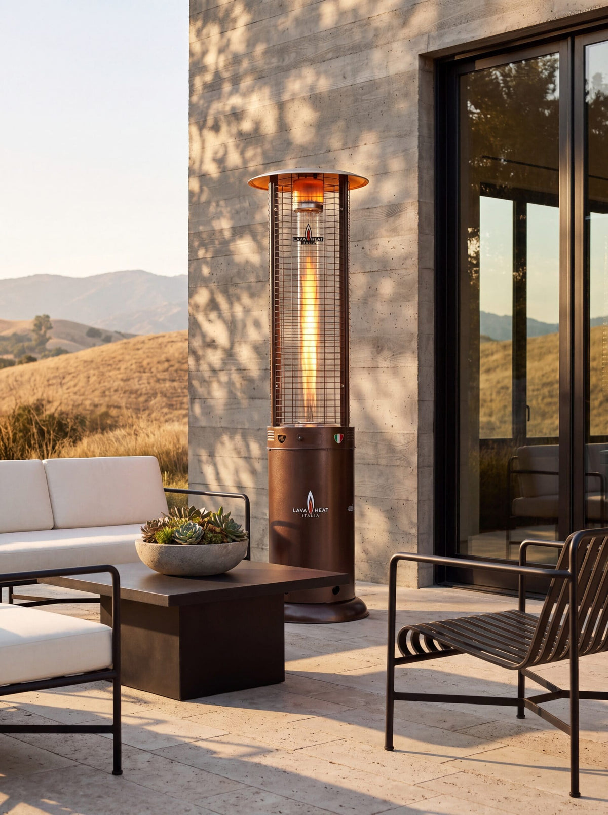 Lava Heat Italia Opus series patio heater in an outdoor setting
