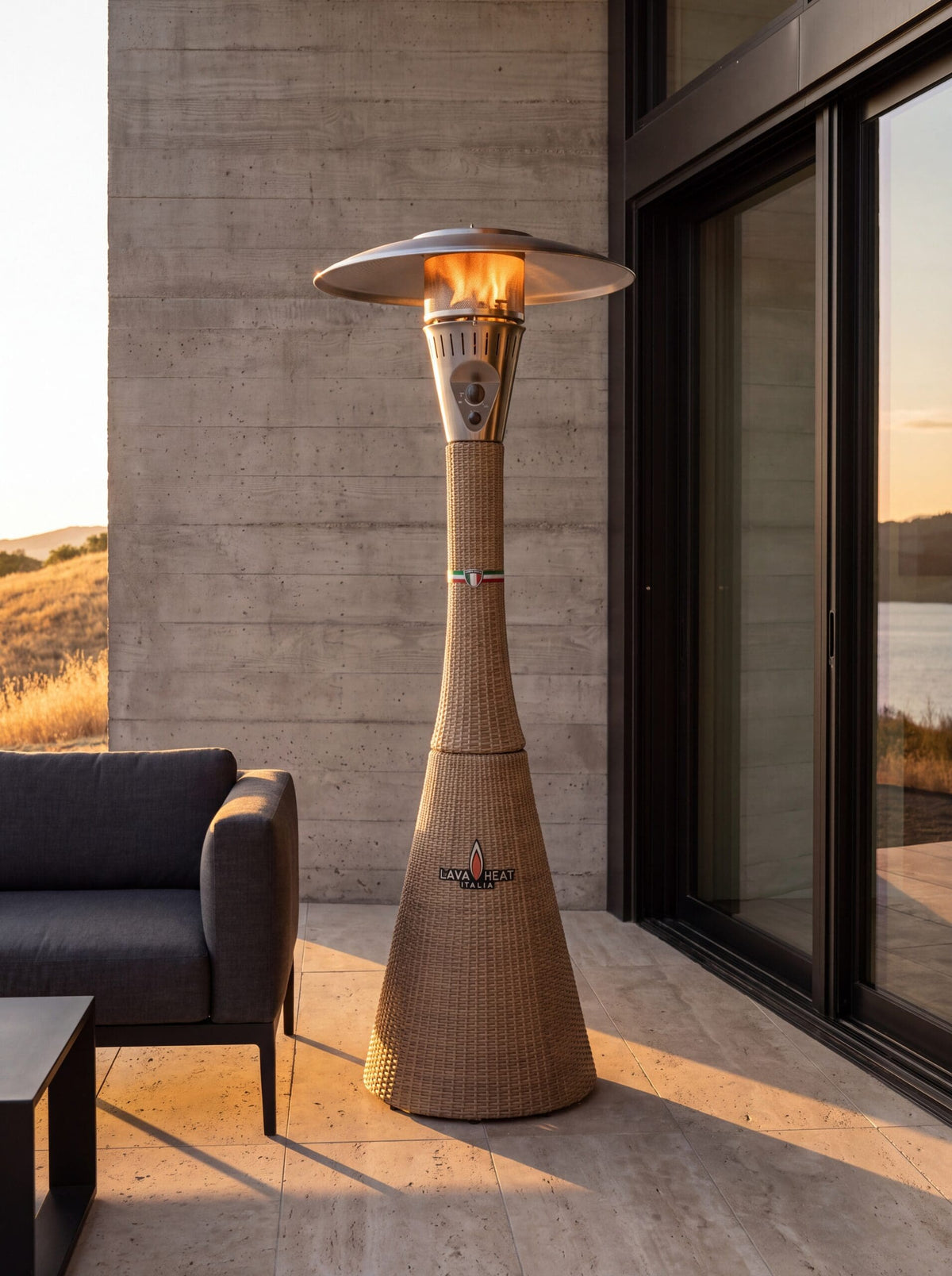 Lava Heat Italia Palermo Rattan patio heater in an outdoor setting