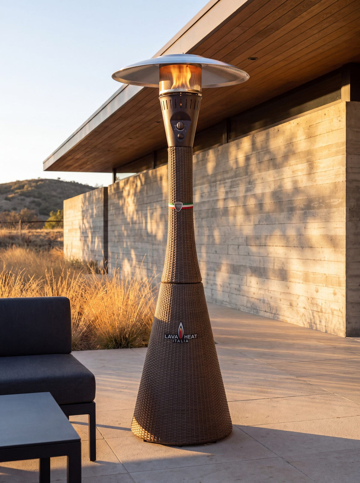 Lava Heat Italia Palermo Rattan patio heater in an outdoor setting