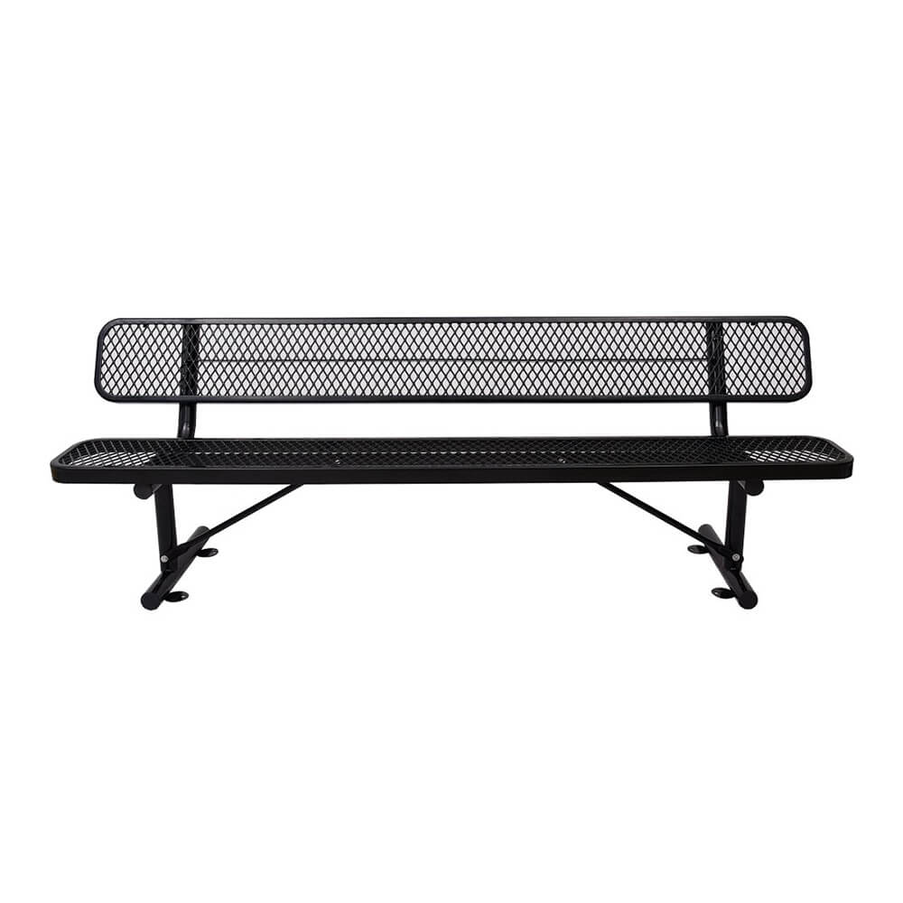 Black metal bench with mesh back on a white background