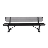 Black metal bench with mesh back on a white background