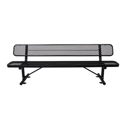 Black metal bench with mesh back on a white background