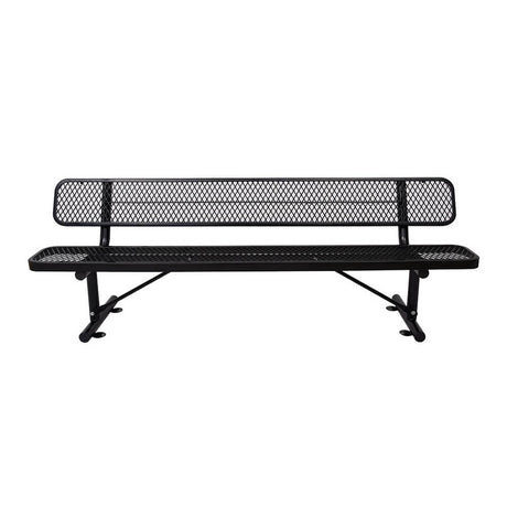 Black metal bench with mesh back on a white background